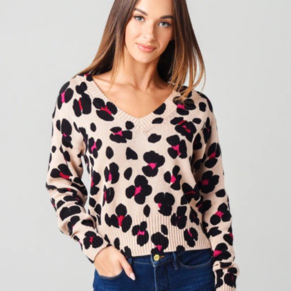 525 leopard print v-neck pull over sweater M - Picture 1 of 5